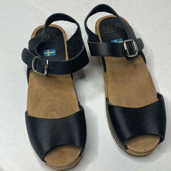 MIA Black Leather Wood Swedish Clogs Rubber Lug Soles EU 38 - Picture 3 of 10